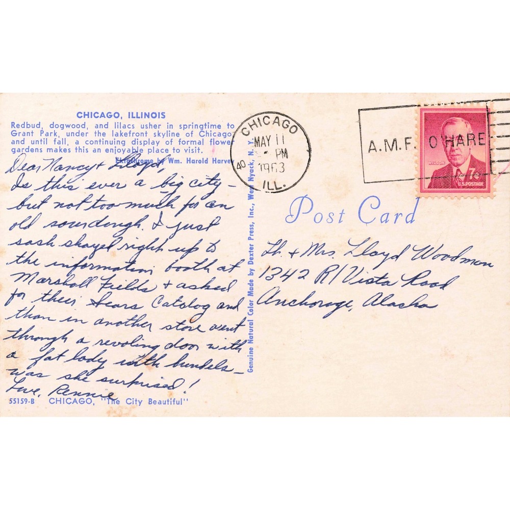 Chicago IL Grant Park Skyline Chrome Postcard 1963 Dexter Press Used 4c Stamp - Picture 2 of 2